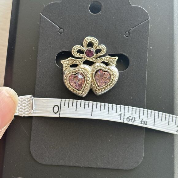 Double Heart Pin Brooch Purple Stone Silver Tone Small Bow Sparkle February - Picture 3 of 4